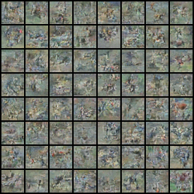 Uncurated 8 by 8 grid of CIFAR-10 samples at training epoch 10