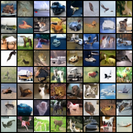 Uncurated 8 by 8 grid of CIFAR-10 samples at training epoch 50