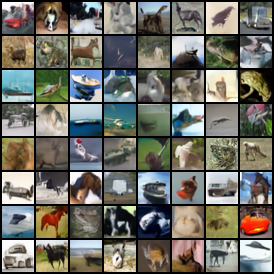 Uncurated 8 by 8 grid of CIFAR-10 samples at training epoch 100
