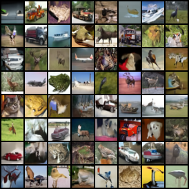 Uncurated 8 by 8 grid of CIFAR-10 samples at training epoch 300