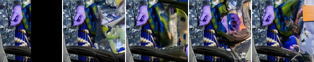 Candidate grid: a busy scene with a purple glove, right half masked, and four generated completions with varying invented content
