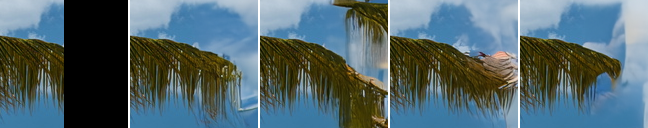 Candidate grid: a palm frond with its right half blacked out, followed by four different model-generated completions of the missing half